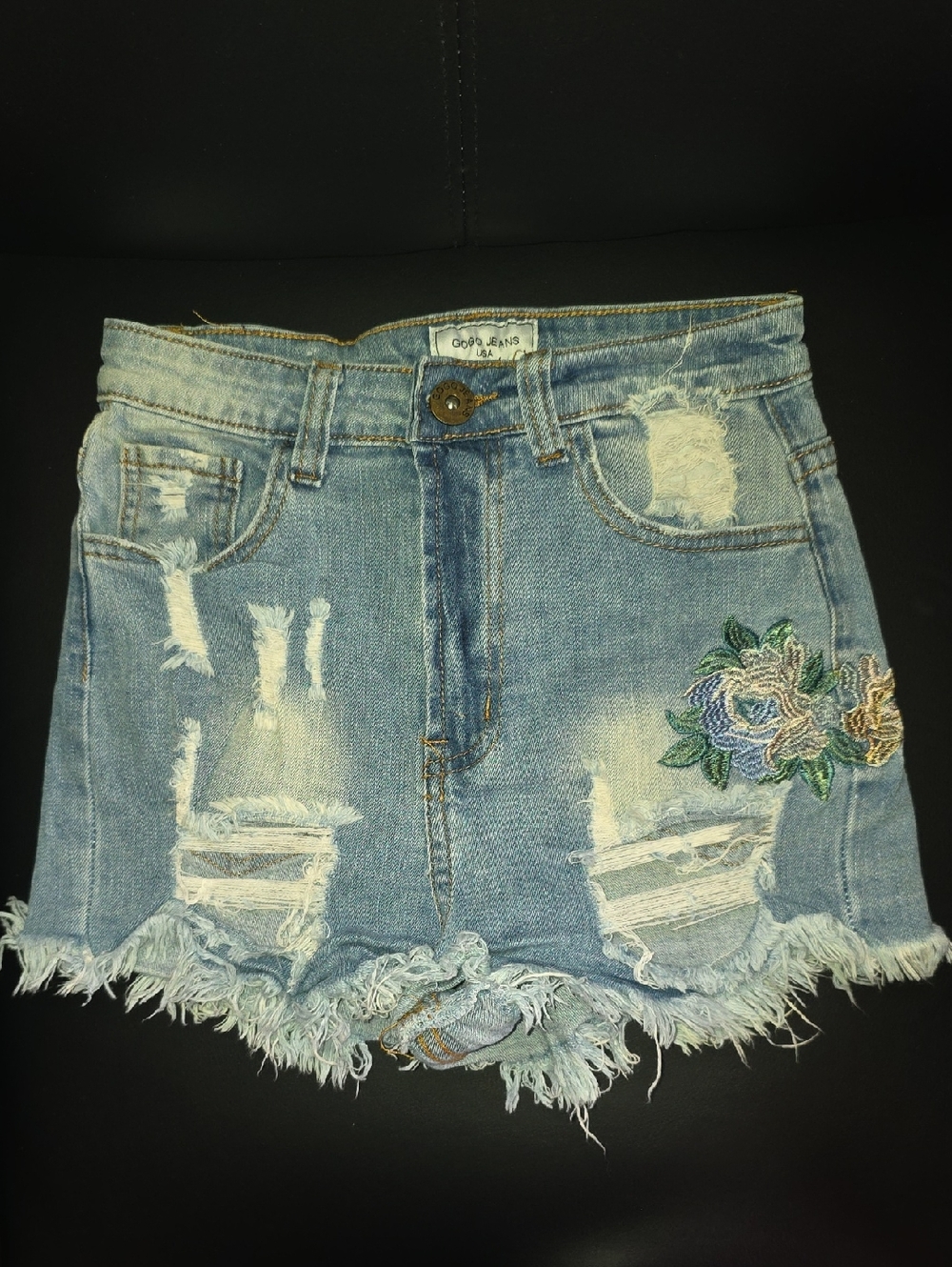 Light Blue Distressed Denim Shorts with Floral Embroidery